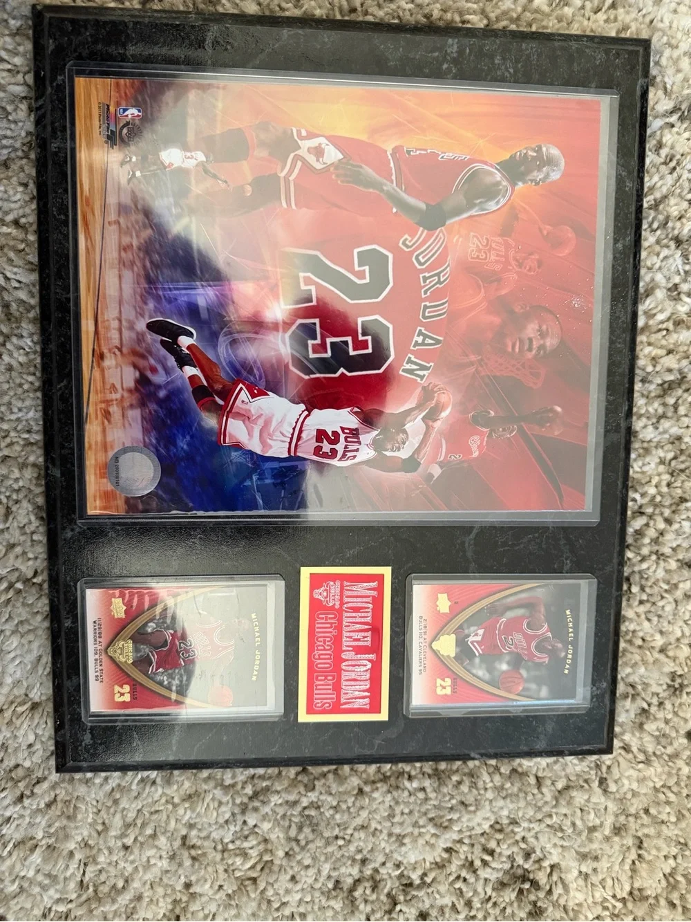Framed Red and Black Sports Memorabilia Display